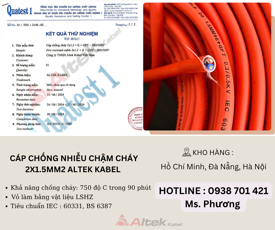Cáp chống nhiễu chậm cháy 2x1.5mm2 Altek Kabel Đà Nẵng, Hà Nội, Hồ Chí Minh